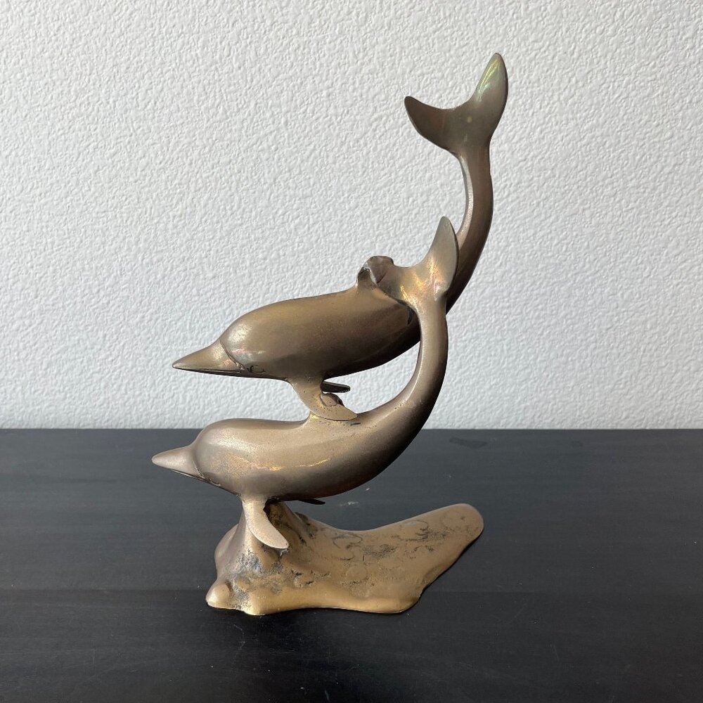Brass Dolphin Pair Figurine // 10" Tall // Vintage 1970s
